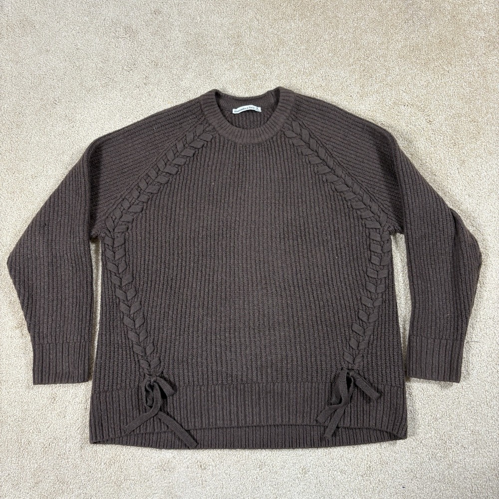 Abercrombie & Fitch Women Crewneck Sweater Brown Oversize Medium Knit Heavy Bow